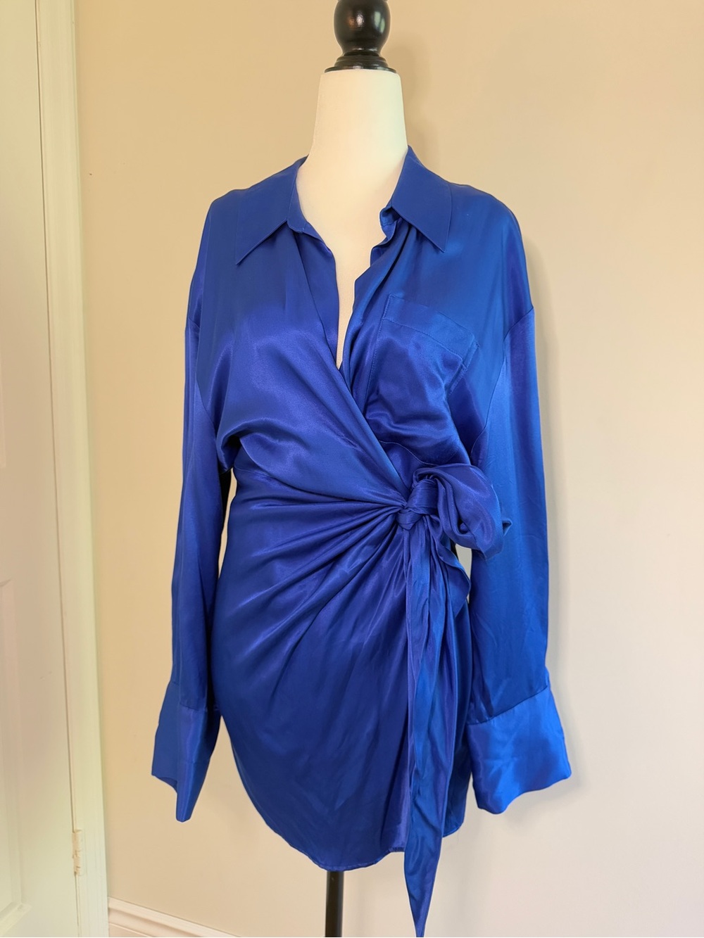 Zara Cobalt Satin Wrap Blouse with Side Knot XXL